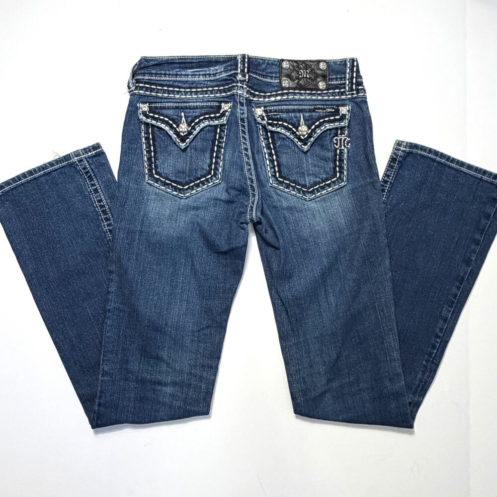 Miss Me JP5014 Bootcut Jeans Dark Wash Thick Stitch Embellished Pockets Size 29